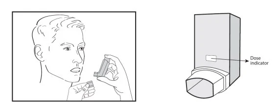 A drawing of a person holding an inhaler
Description automatically generated